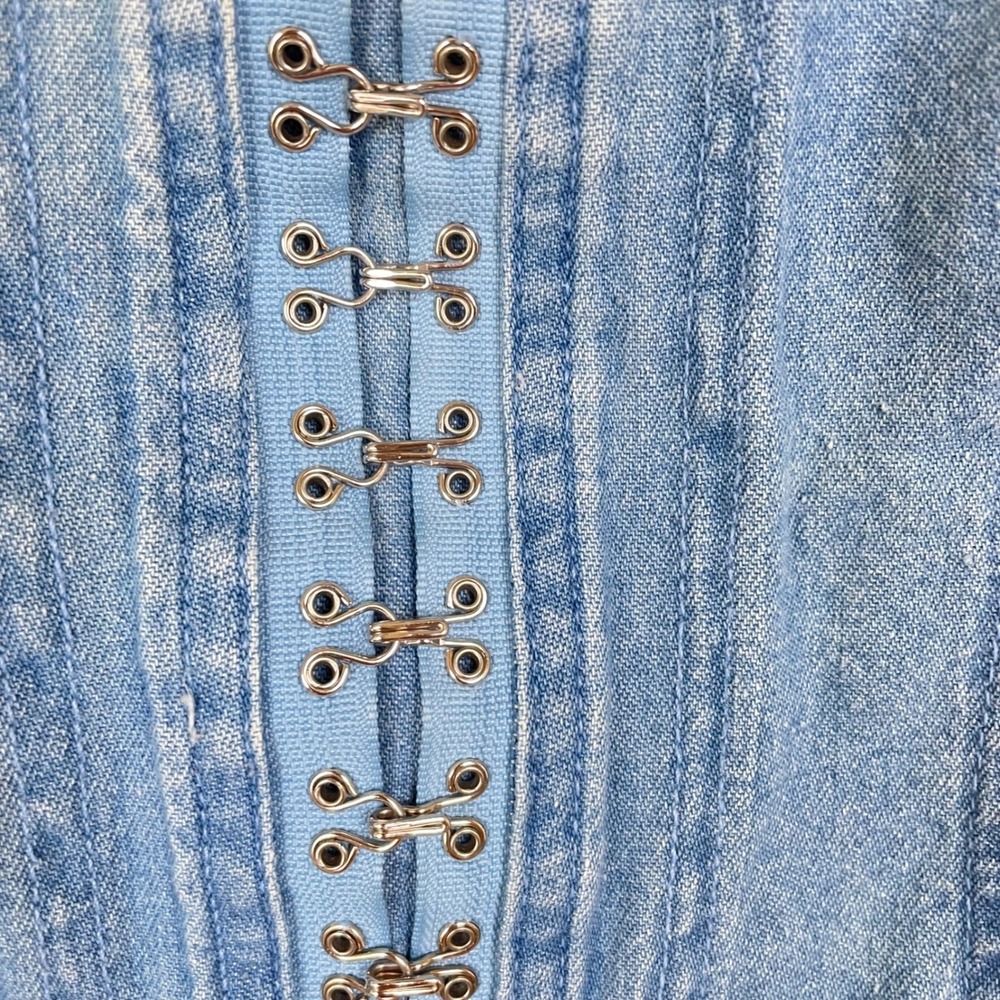90s Vtg Womens Dress Sz S/M Linen Denim Corset Cottage Sleeveless Midi Boho Twee - Picture 4 of 11